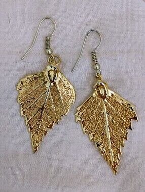 Dainty, Gold Leaf Drop Earrings . 24kt Gold Embellished.